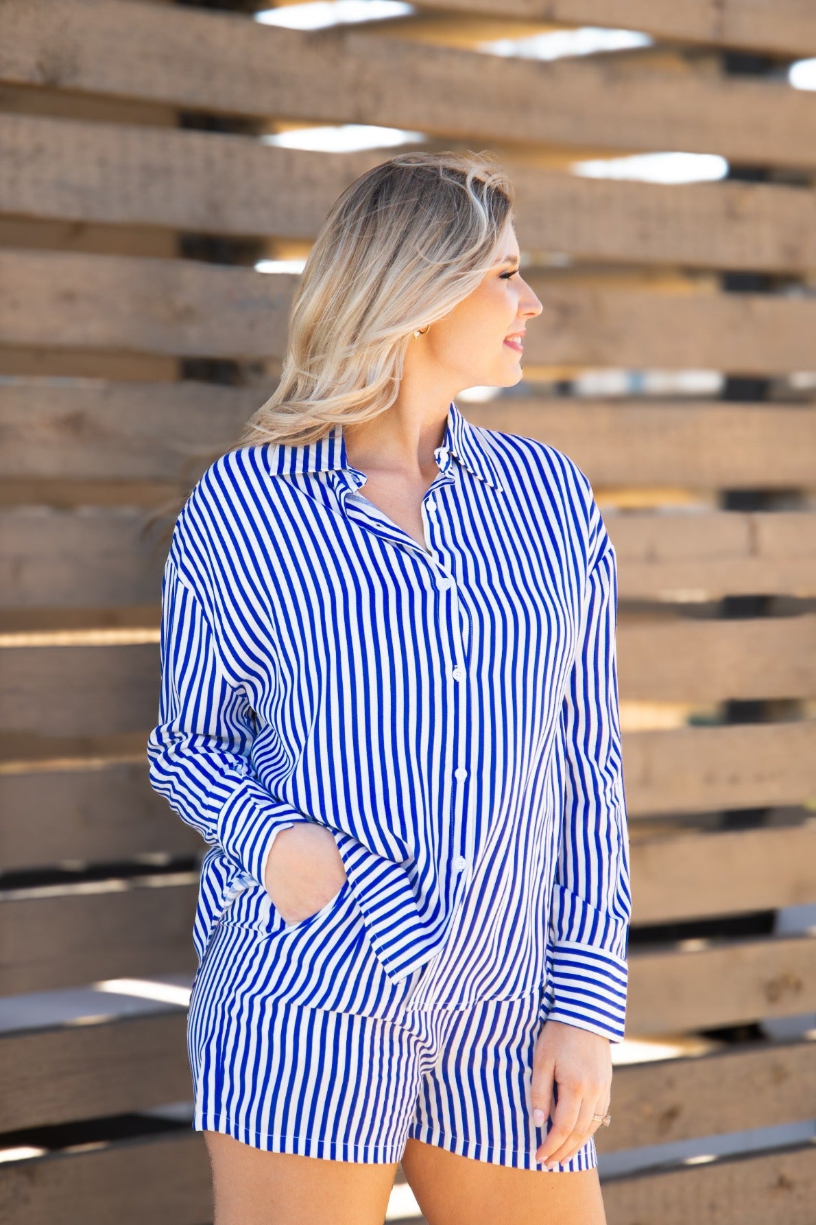 Grace+Emma Kathryn Classic Button-Up top in blue stripe, women's tailored shirt with collar and long sleeves, stylish and comfortable.