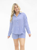 Grace+Emma Kathryn Classic Button-Up top in blue stripe for ladies, showcasing a tailored fit and stylish design.