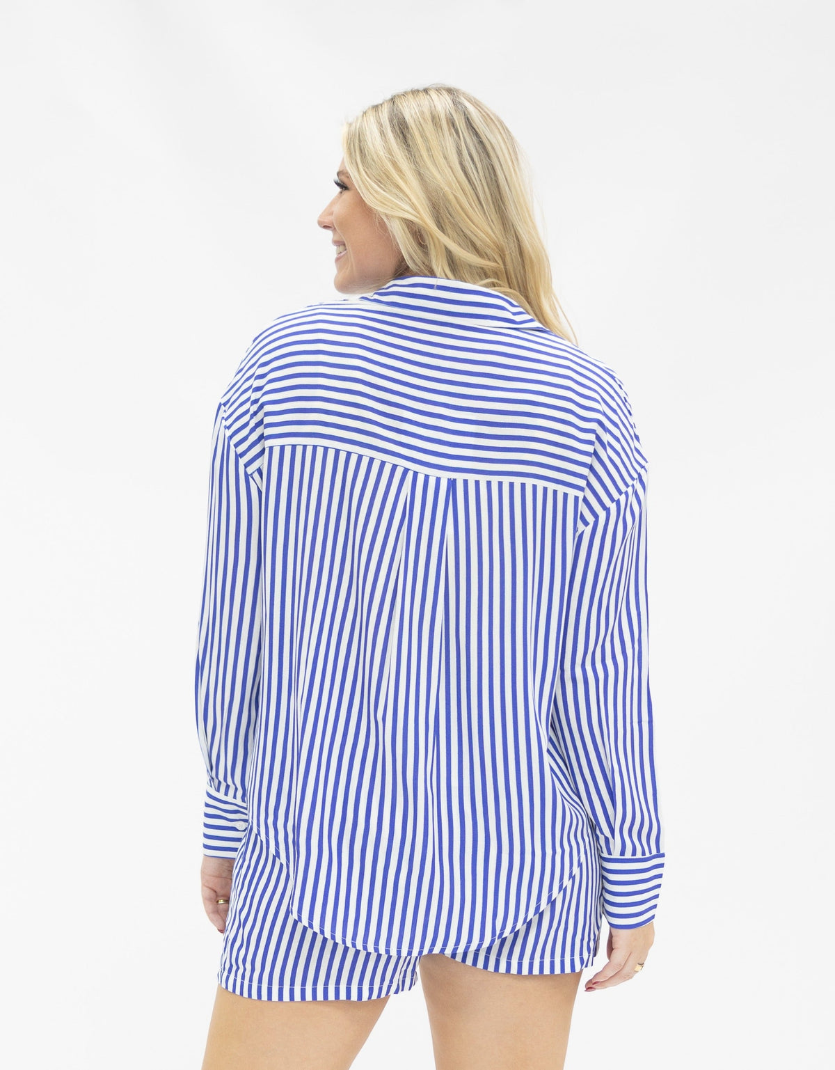 Grace+Emma Kathryn Classic Button-Up ladies top in blue stripe, casual women's shirt with collar and button details.