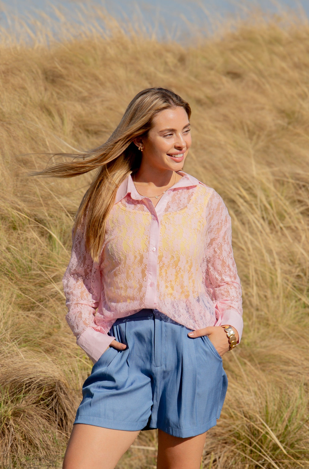 Light pink lace Kathryn Classic Button-Up ladies top by Grace+Emma, featuring a stylish button-up design and delicate lace details.