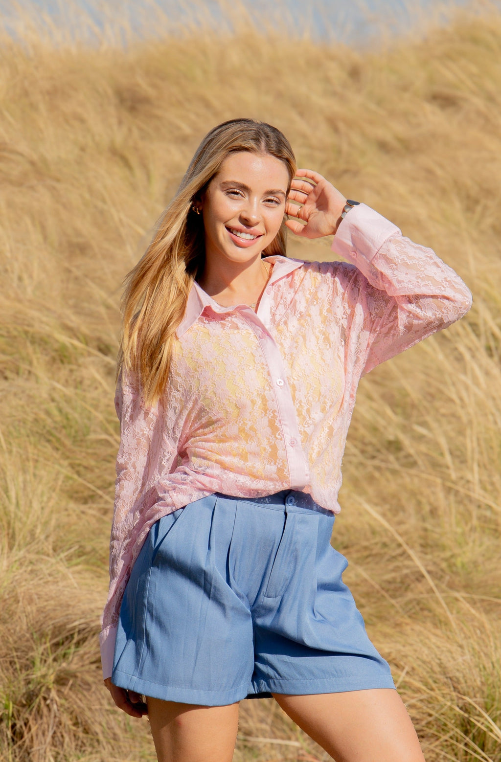 Ladies light pink lace Kathryn classic button-up top by Grace+Emma, featuring elegant button details and a feminine fit.