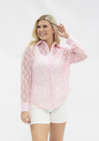 Light pink lace Kathryn Classic Button-Up top for women by Grace+Emma, featuring a stylish, elegant design with button details.