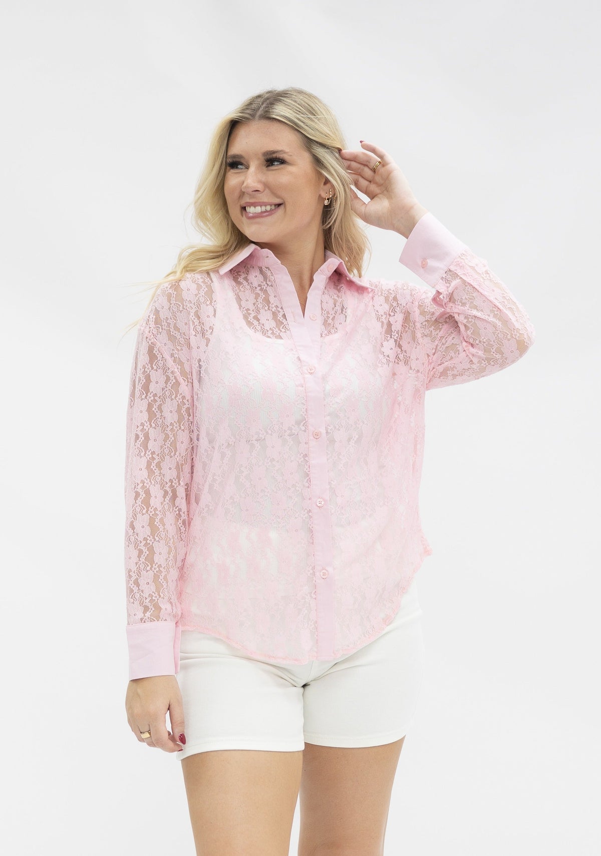 Light pink lace Kathryn Classic Button-Up top for women by Grace+Emma, featuring a stylish, elegant design with button details.
