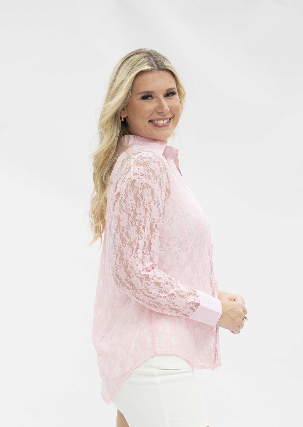 Light pink lace Kathryn Classic Button-Up blouse for ladies, featuring a stylish and elegant design by Grace+Emma.