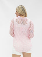 Light pink lace Kathryn Classic Button-Up blouse for women by Grace+Emma, featuring a tailored fit and delicate fabric details.