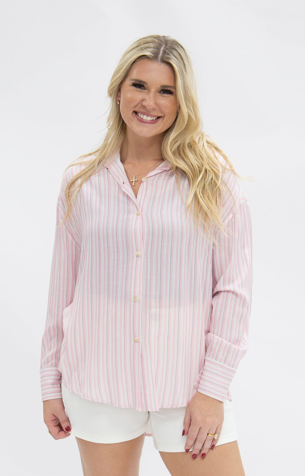 Pink and white striped Grace+Emma The Kathryn button-up top for ladies, shown in size XS. Casual, stylish women's blouse.