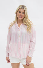 Pink and white striped Grace+Emma The Kathryn button-up top for ladies, shown in size XS. Casual, stylish women's blouse.