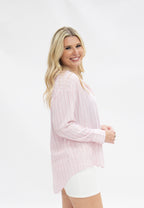 Pink striped Kathryn button-up ladies top by Grace+Emma, shown in size XS, featuring a classic collar and button-down front.