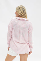 Pink striped Kathryn button-up ladies top by Grace+Emma, showcasing a fitted style with collar and long sleeves.
