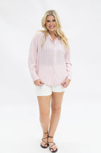 Pink striped Kathryn button-up blouse by Grace+Emma, featuring classic women's top design and button-front closure.
