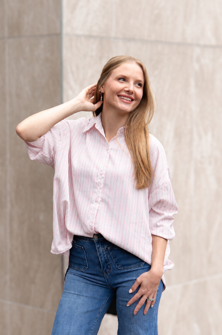 Grace+Emma The Kathryn Button-Up ladies top in striped pink, showing the fitted style and classic collar detail.