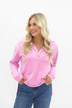 Pink V-neck collared pullover for women, Grace+Emma ladies top, soft fabric, stylish and comfortable for casual wear.