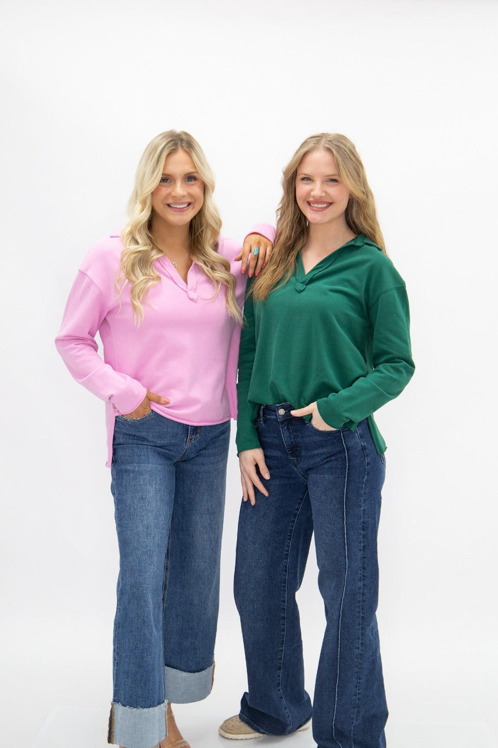 Pink V-neck collared pullover for women from Grace+Emma, stylish ladies top with a soft knit texture.