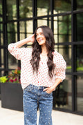 Grace+Emma Kathryn Classic Button-Up top for ladies, red polka-dot design, casual shirt with button closure and collar detail.