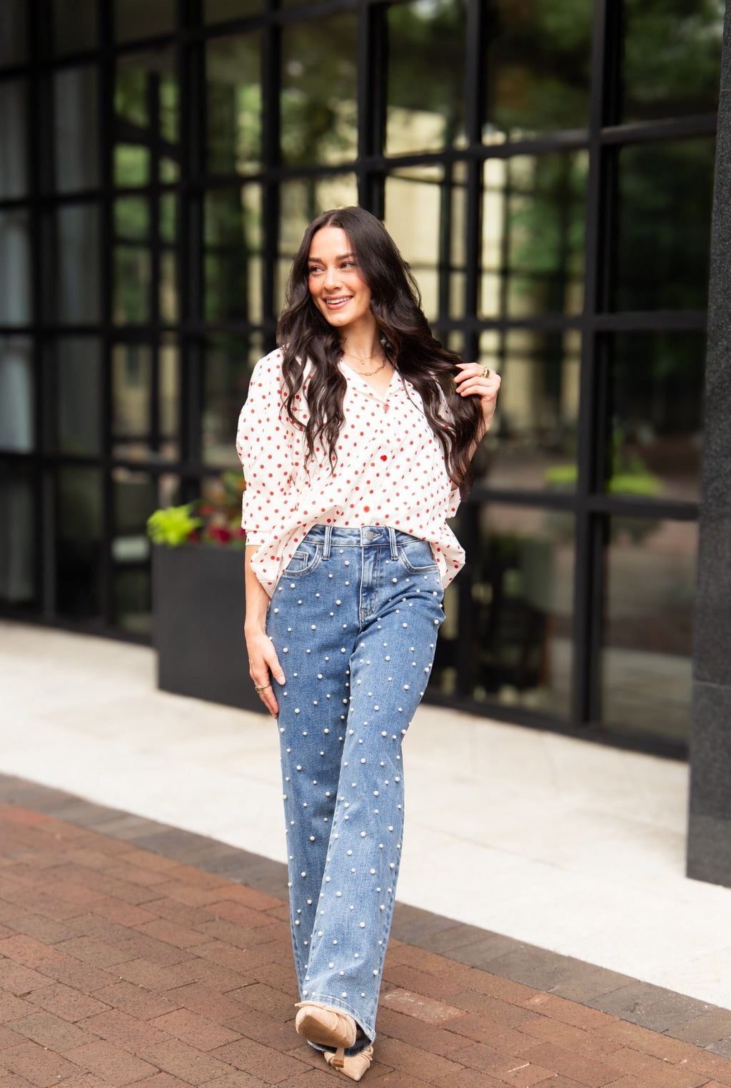Grace+Emma Kathryn Classic Button-Up top for women in red polka-dot design, lightweight and stylish ladies top.