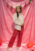 Grace+Emma Kathryn Classic Button-Up top for women in red polka-dot pattern, casual ladies' blouse with button front and long sleeves.