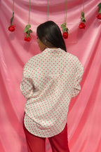 Grace+Emma Kathryn Classic Button-Up top in red polka-dot, women's blouse with long sleeves and button front detail.