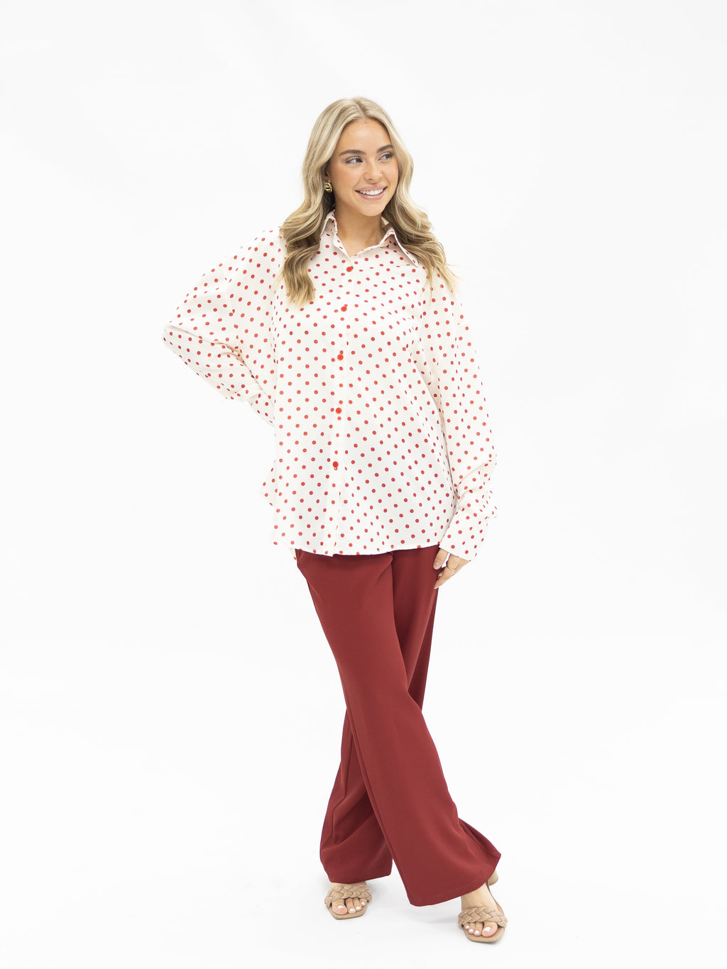 Grace+Emma Kathryn Classic Button-Up top in red polka-dot, women's casual shirt with long sleeves and button front.