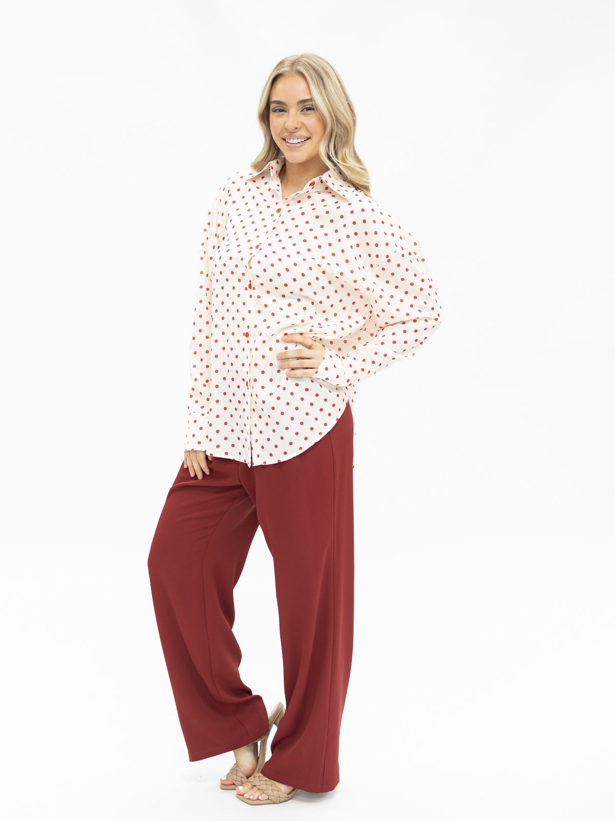 Grace+Emma Kathryn Classic Button-Up top in red polka-dot for women, featuring a stylish button-up design and feminine fit.