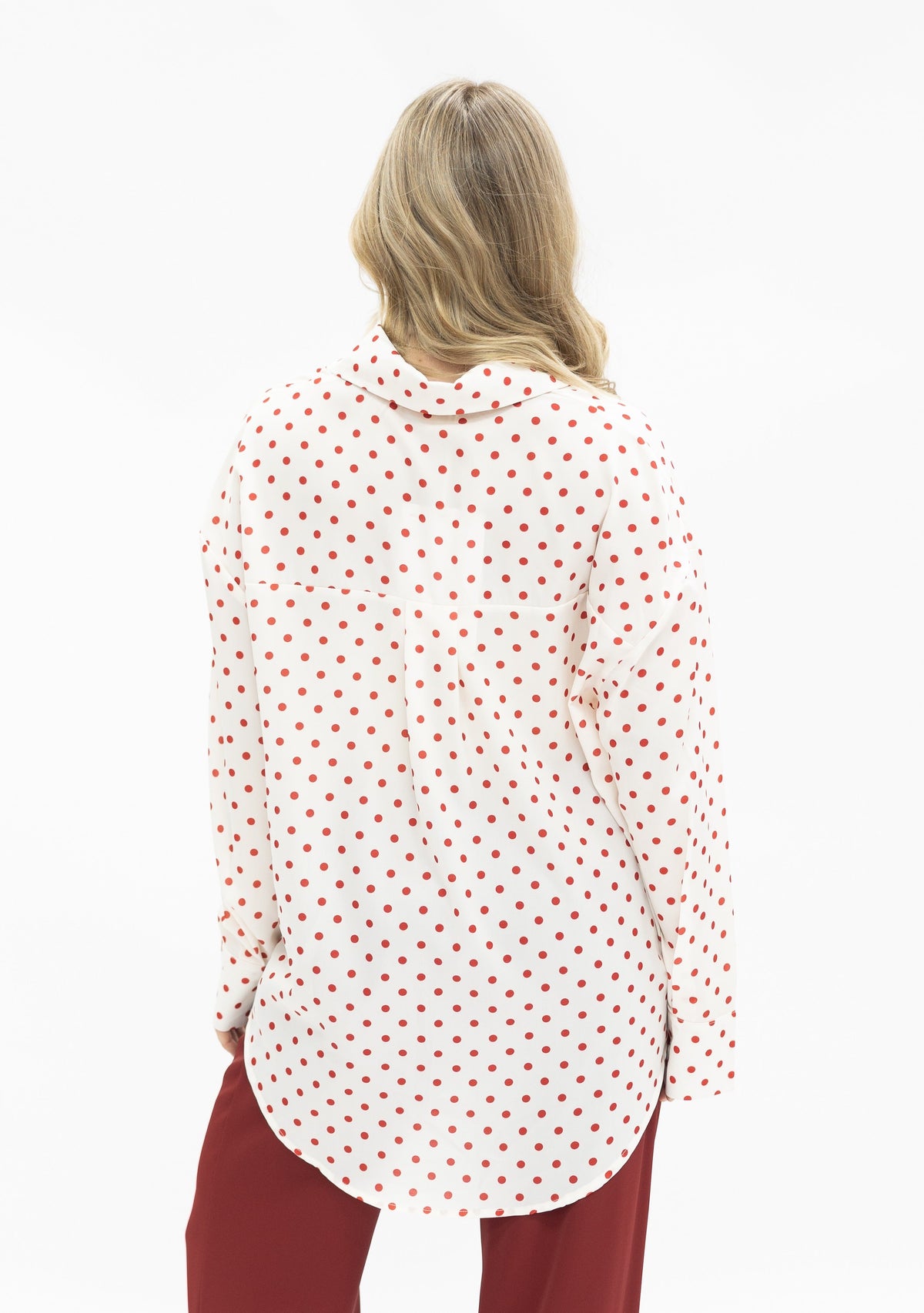 Grace+Emma Kathryn Classic Button-Up top in red polka-dot, women's blouse with long sleeves and a collared neckline.