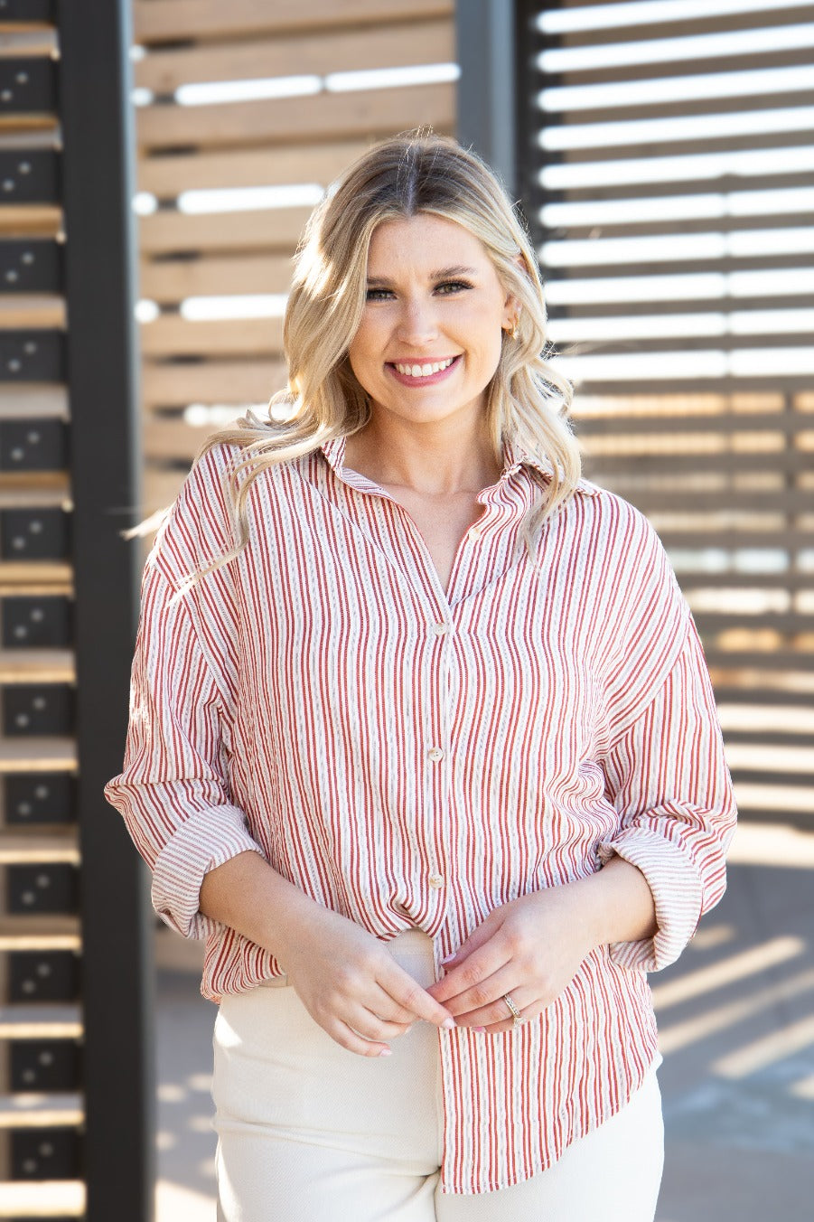 Grace+Emma Kathryn Classic Button-Up top for women in red stripes, lightweight ladies blouse with a collar and button closure.