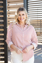Grace+Emma Kathryn Classic Button-Up top for women in red stripes, lightweight ladies blouse with a collar and button closure.