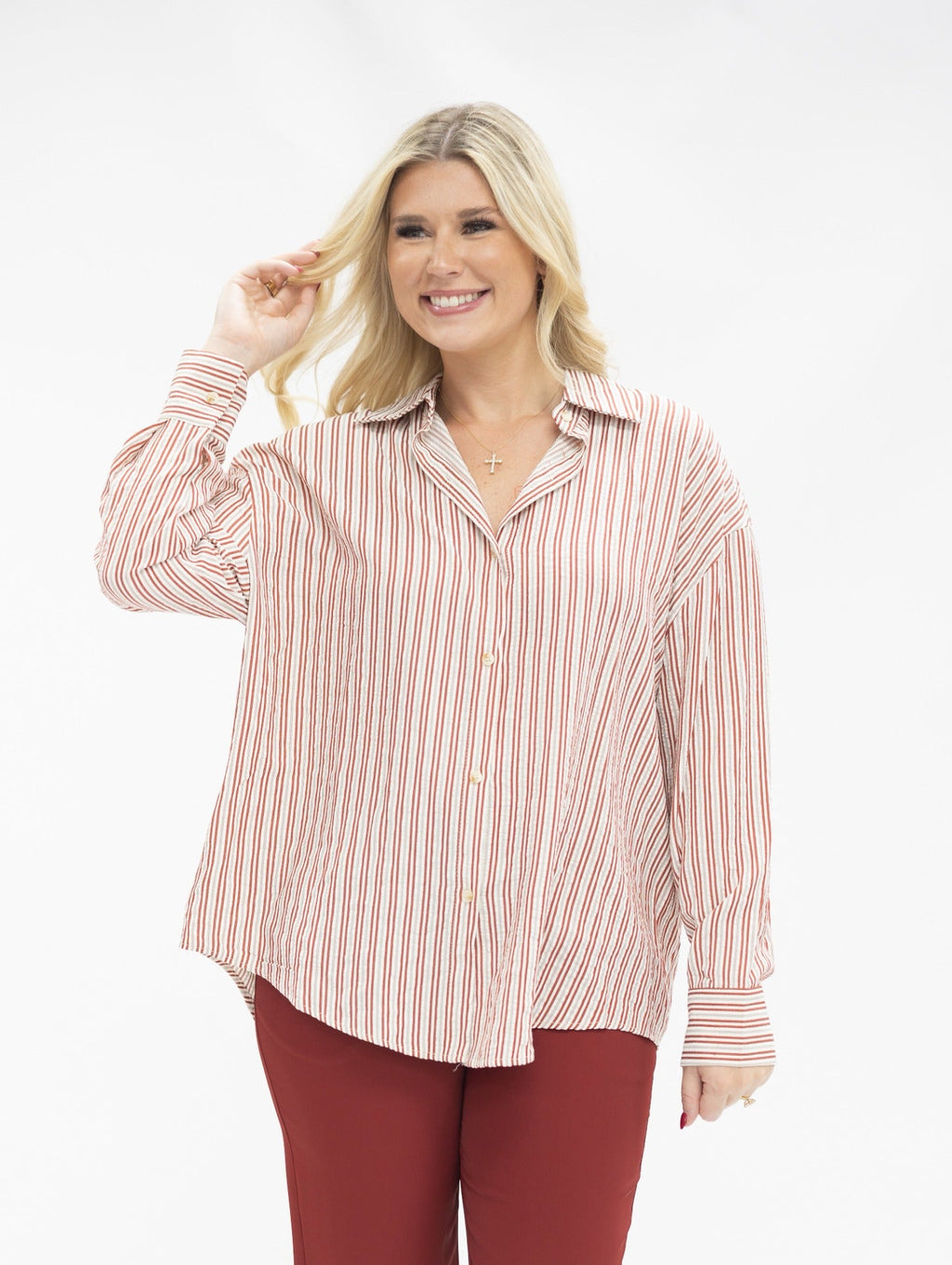 Grace+Emma Kathryn Classic Button-Up top for ladies, red striped blouse with a tailored fit, perfect for casual or office wear.