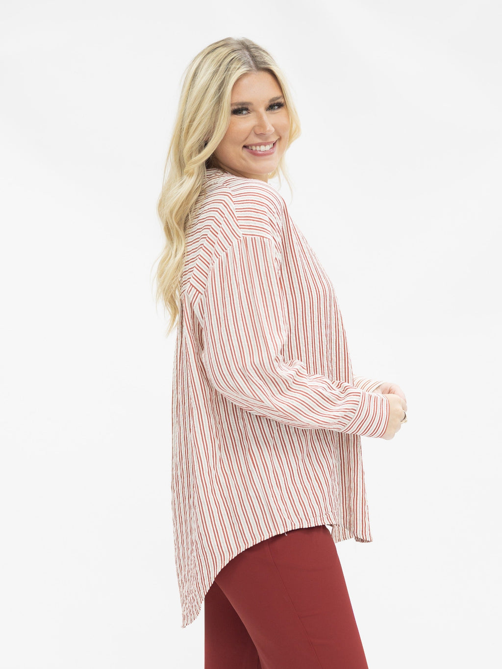 Grace+Emma Kathryn Classic Button-Up top in red stripes, women's blouse with a collared neckline and long sleeves.