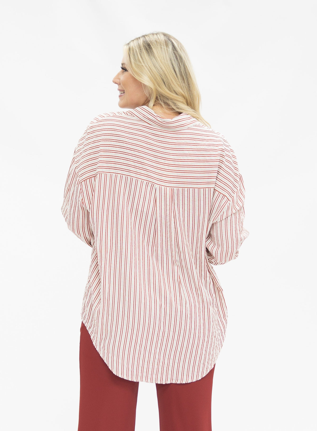Grace+Emma Kathryn Classic Button-Up top for ladies in red stripes, featuring a stylish button-up design and tailored fit.