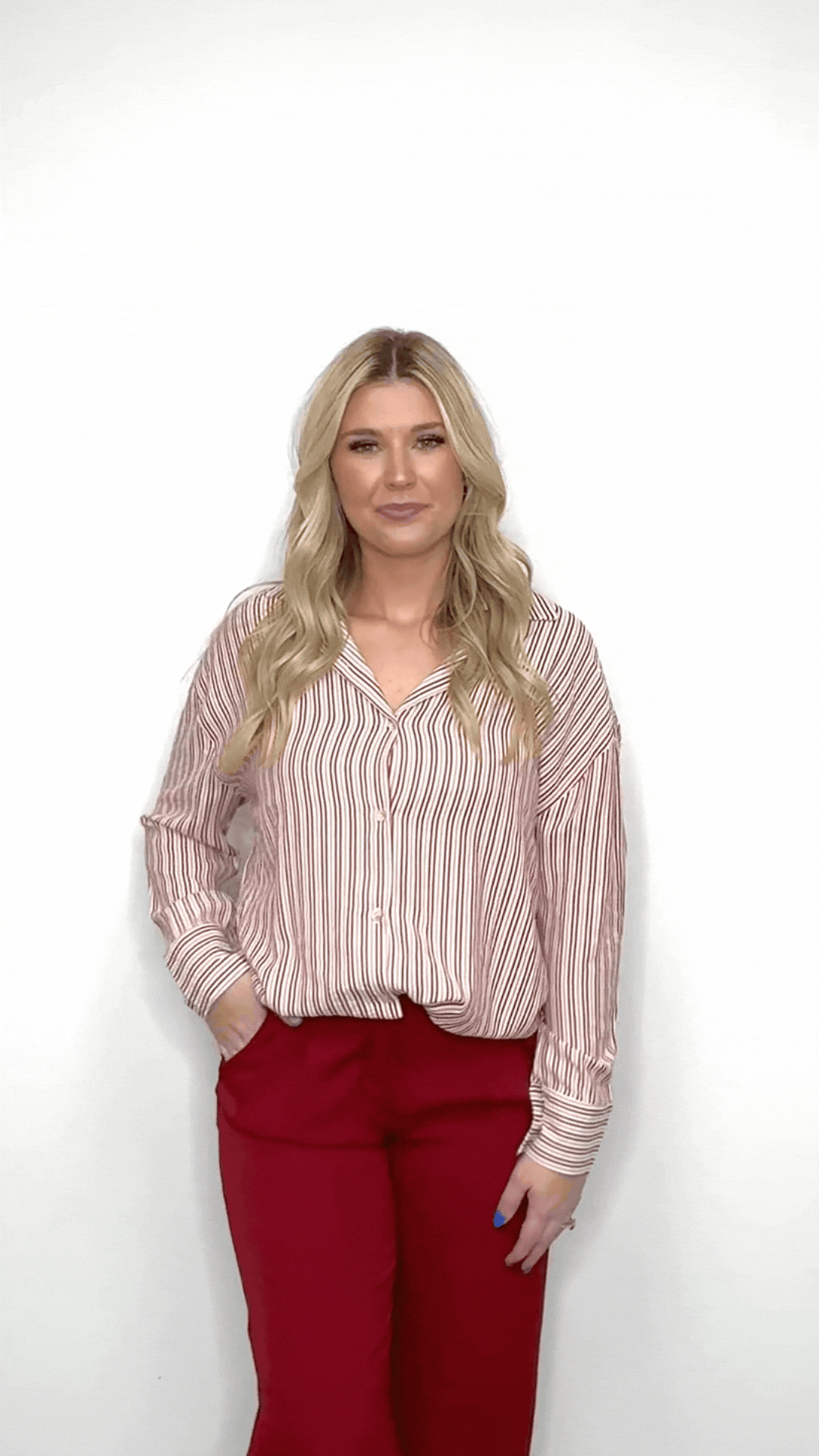 Grace+Emma Kathryn Classic Button-Up top in red stripes, women’s blouse with a collar and button closure, casual and stylish.