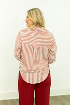 Grace+Emma Kathryn Classic Button-Up top in red stripes, women's casual shirt with a collar and button closure.