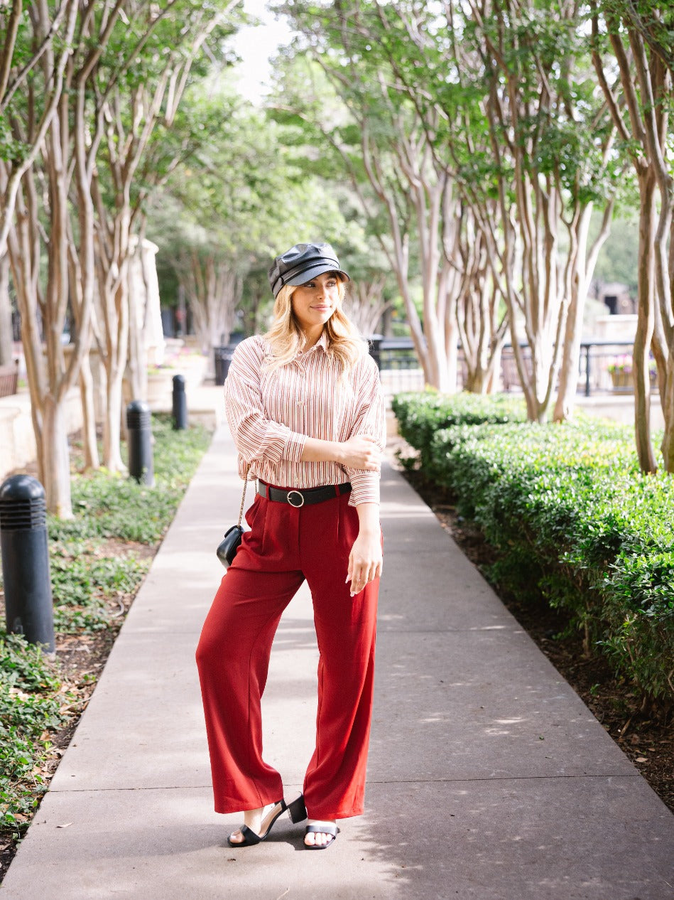 Grace+Emma Kathryn Classic Button-Up top in red stripes, women's blouse with a collared neckline and button front.