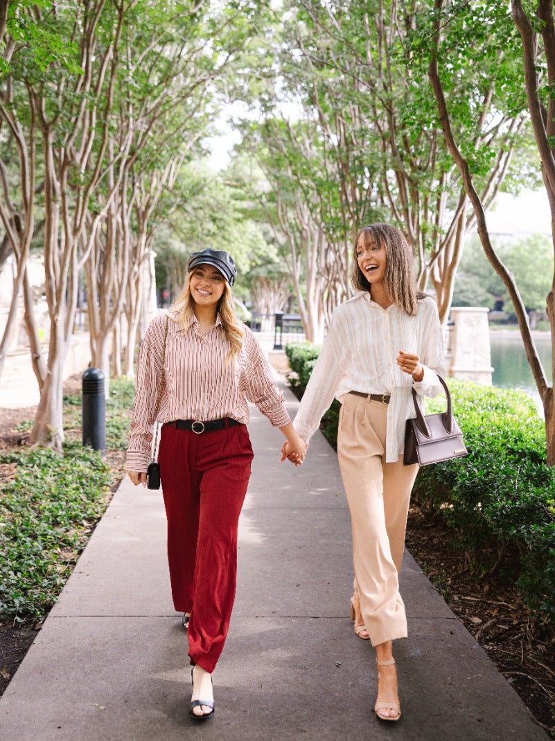 Grace+Emma Kathryn Classic Button-Up top for ladies in red stripes, stylish and comfortable women's shirt with button details.