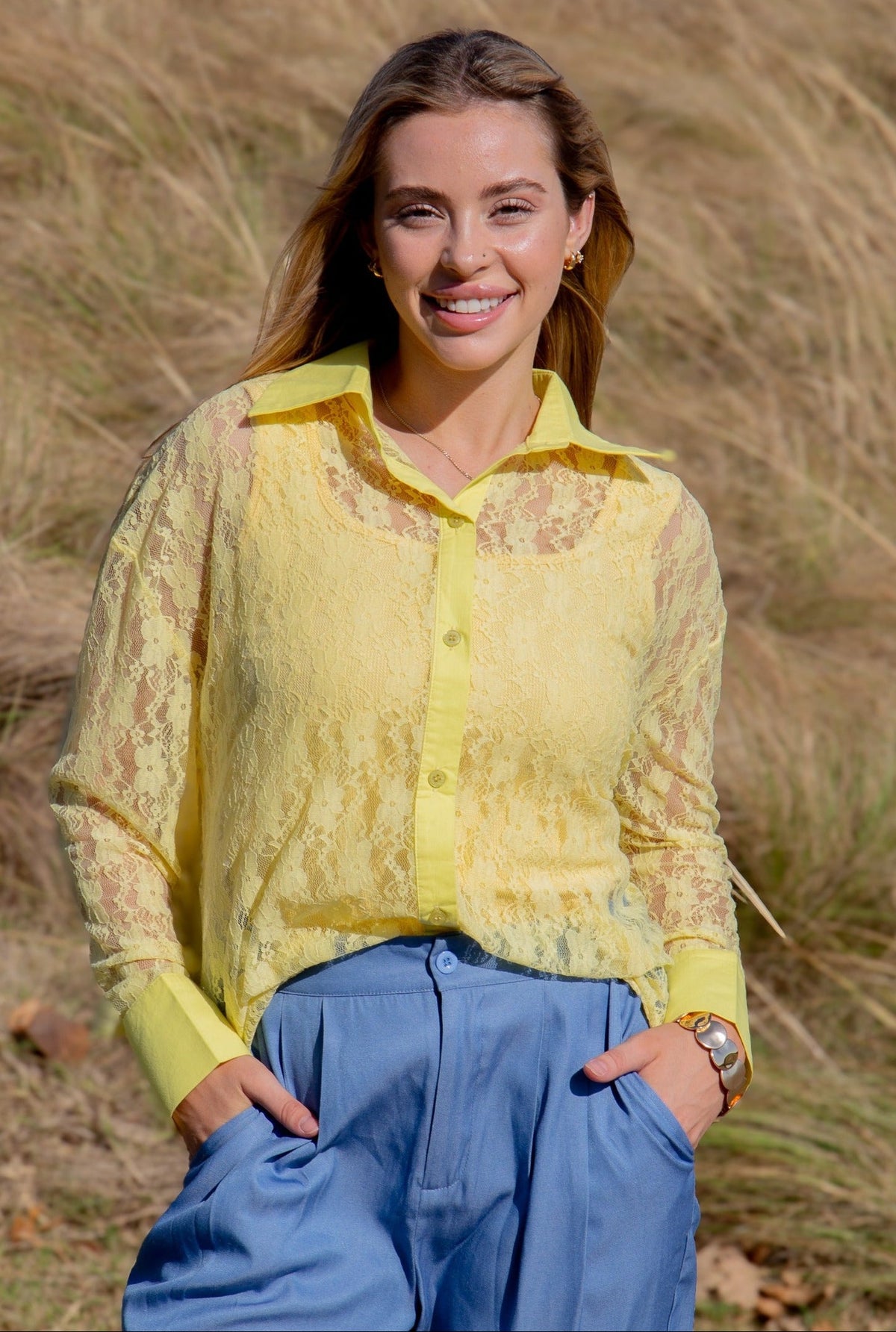 Yellow lace Kathryn Classic Button-Up ladies top by Grace+Emma, featuring a stylish button-up design and feminine lace details.