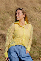 Grace+Emma Kathryn Classic Button-Up women's yellow lace top, lightweight and stylish for casual or dressy occasions.