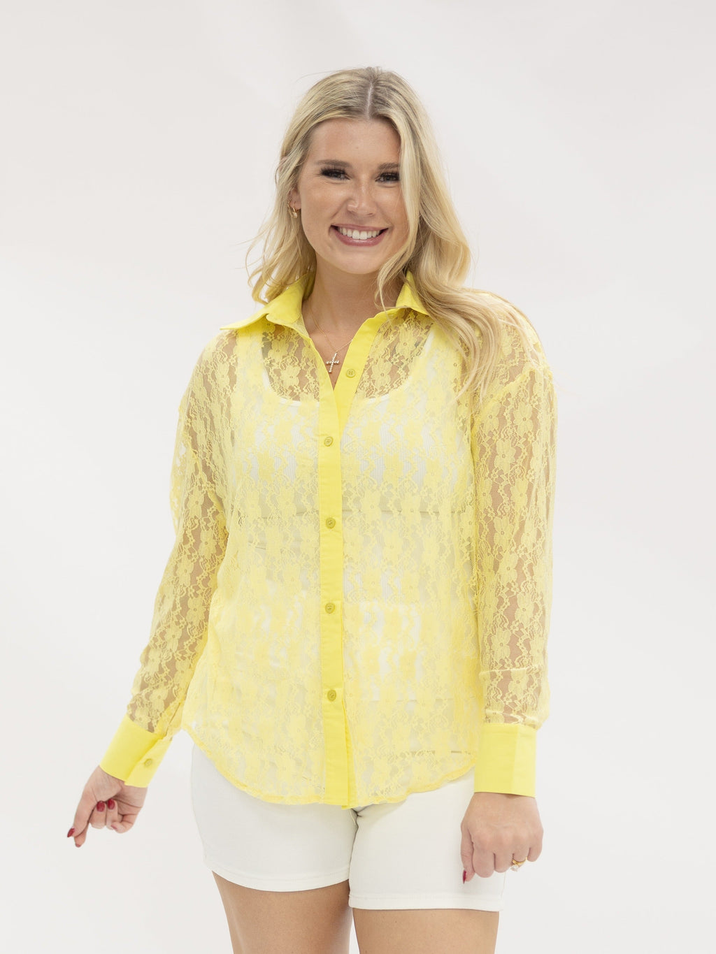 Grace+Emma Kathryn Classic Button-Up top in yellow lace for women, featuring a stylish and elegant design.