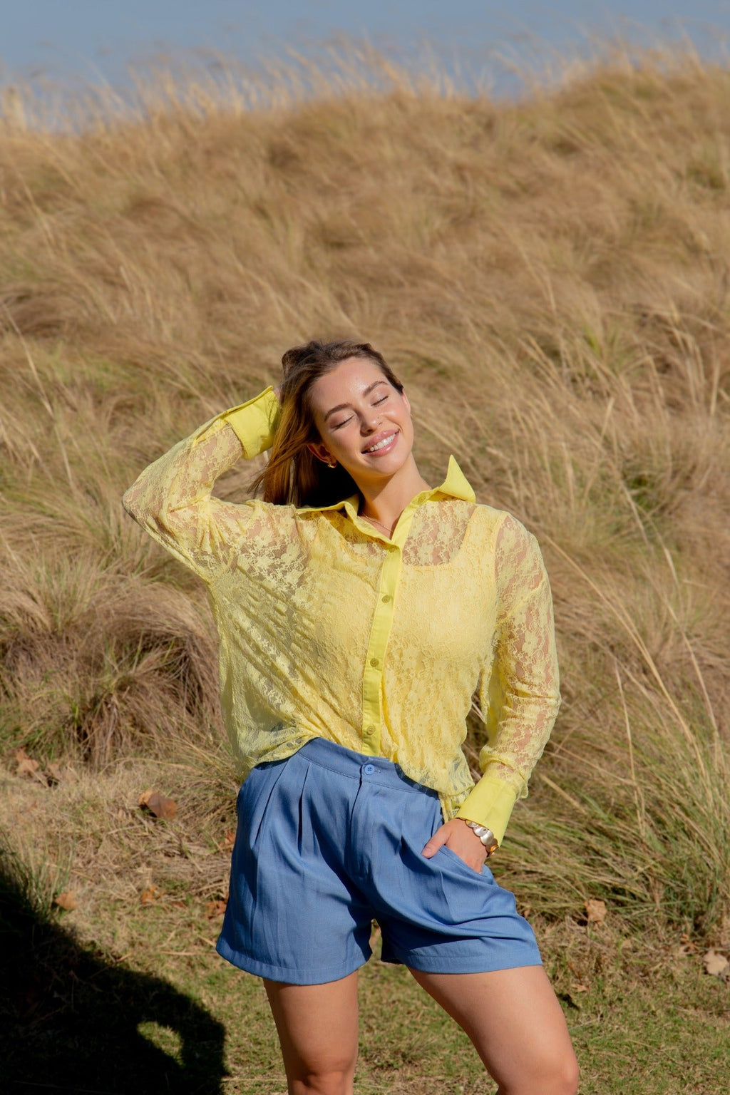 Yellow lace Kathryn Classic Button-Up top for women by Grace+Emma, featuring a stylish button-up design and feminine lace details.