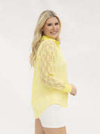 Grace+Emma Kathryn Classic Button-Up in yellow lace, women's top with a fitted design and button-front closure.