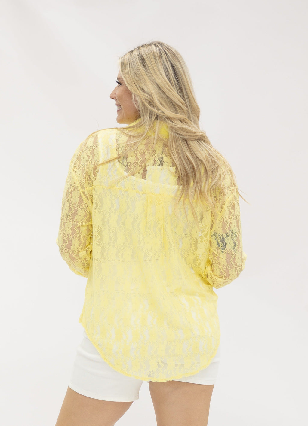 Grace+Emma Kathryn Classic Button-Up women's top in yellow lace, featuring a tailored fit and elegant design.