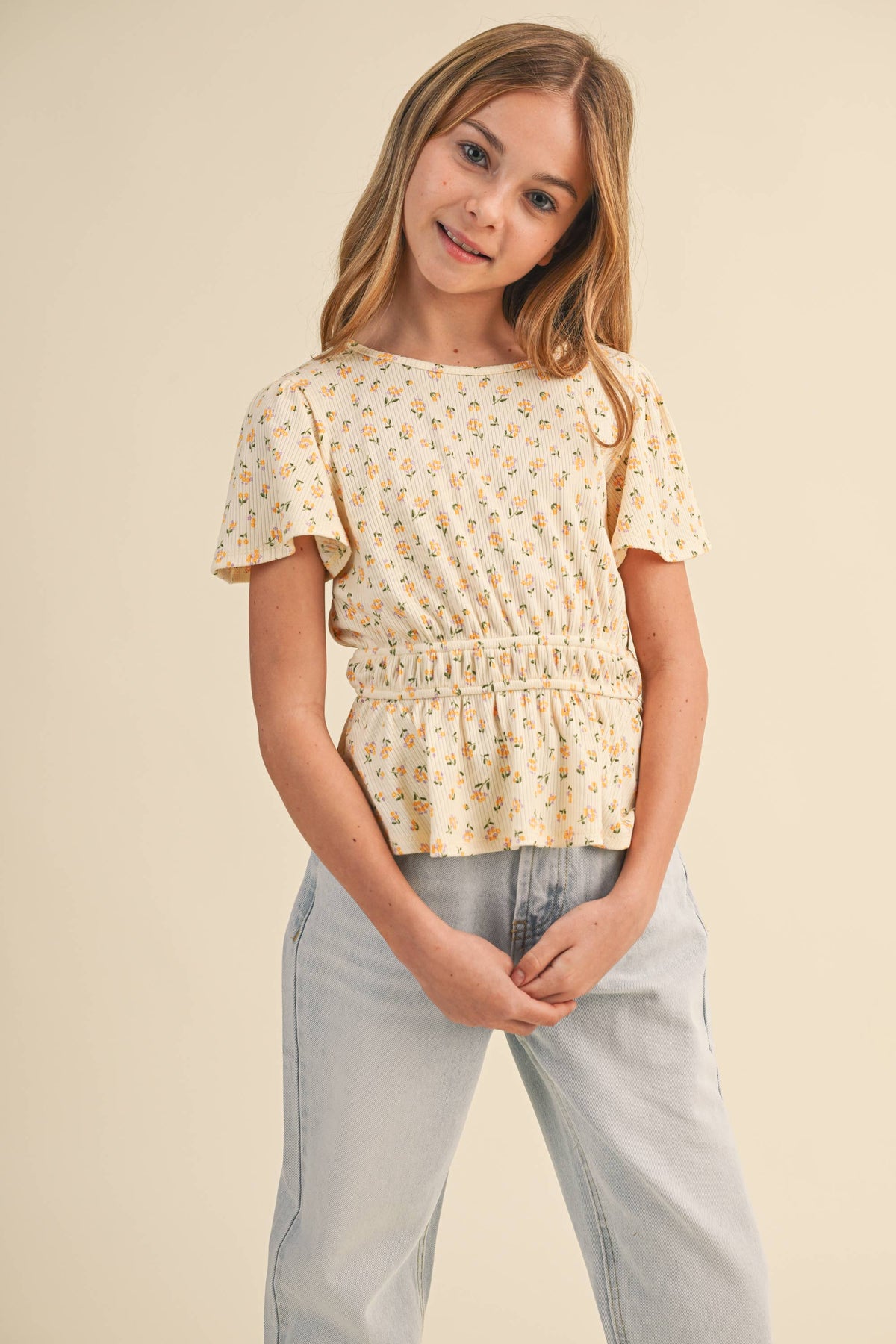 Heart and Arrow girls' peplum top with round neck and flutter sleeves, perfect for tween kids, stylish and comfortable.