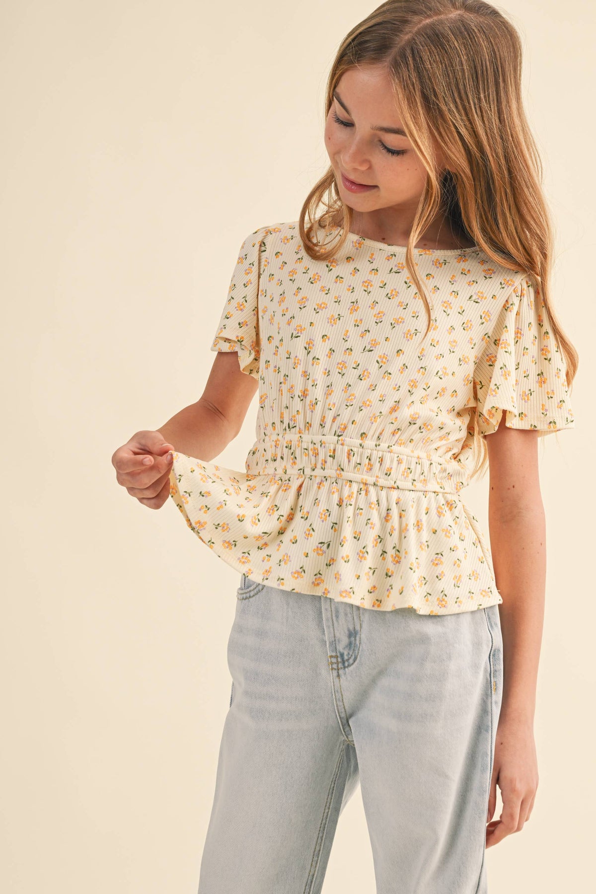 Heart and Arrow tween girls' round neck flutter sleeve peplum top, casual style with soft fabric and feminine design.