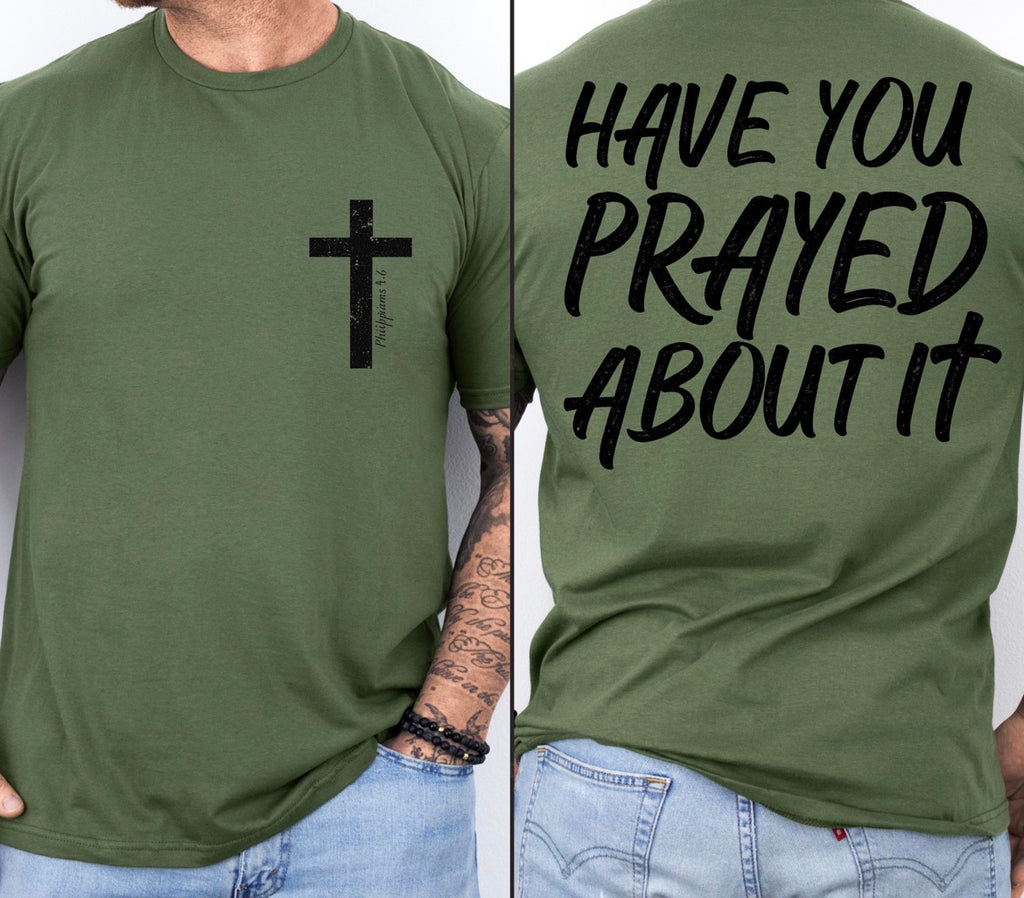 Close-up of a small Houston Customs sign with the phrase "Have you prayed about it?" displayed in bold lettering.