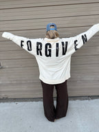 JANES BLESSINGS Forgiven sweatshirt in size S, featuring a comfortable gray fabric with a printed forgiveness design.
