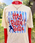 Janes Blessings Hey Batter Batter sweatshirt featuring bold text design and casual fit, displayed on a hanger.