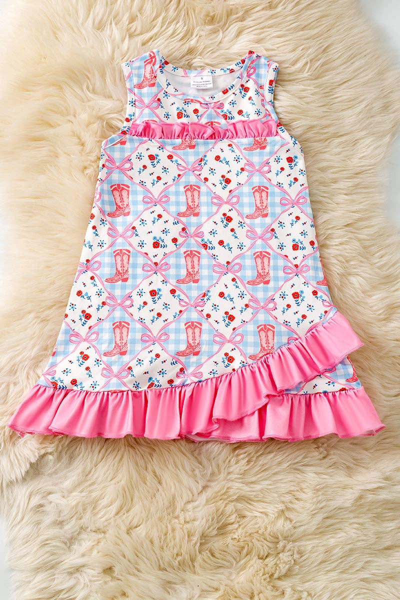 Kids Charm Online Western dress with printed cowboy boots design and vibrant fuchsia ruffle hem for girls.