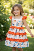Kids Charm Online dog printed character dress with ruffle trim, featuring playful cartoon dog design for kids.