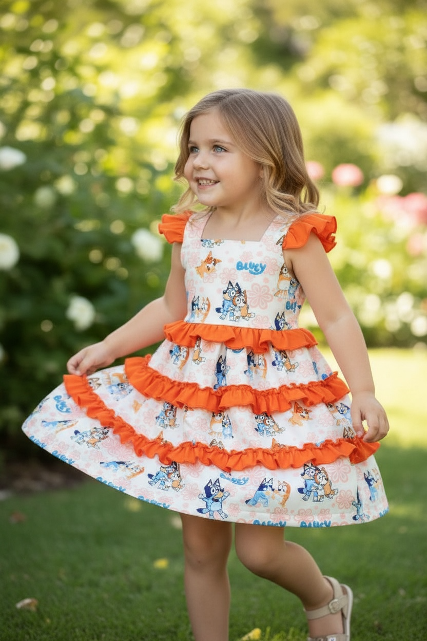 Kids Charm Online girl's dog-printed character dress with ruffle trim, featuring colorful dog illustrations and playful design.