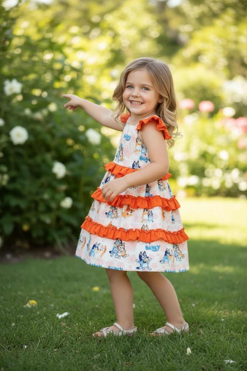 Kids Charm Online dog printed character dress with ruffle trim, featuring colorful dog illustrations and playful design for kids.