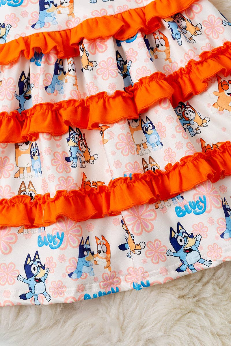 Kids Charm Online dog printed character dress with ruffle trim for kids, featuring colorful dog design and playful style.