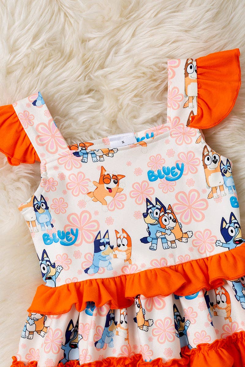 Kids Charm Online dog printed character dress with ruffle trim for girls, featuring colorful dog illustrations and playful design.